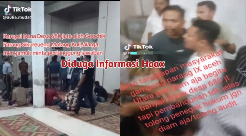 Dua Akun Tiktok Satu FB Diduga Sebarkan Informasi Bohong Tentang Gampong Parang Sikureueng Foto: Screnshot Video