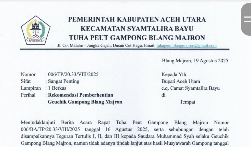 Tuha Peuet Minta Bupati Aceh Utara Berhentikan Geuchik Blang Majron Foto: Surat Tuha Peuet Rekomendasi Pemberhentian Geuchik Blang Majron